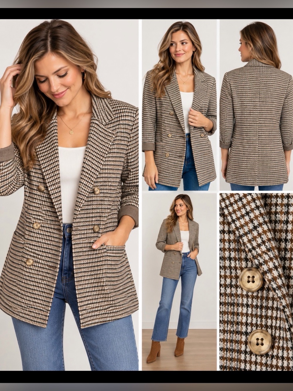 Altar’d State Houndstooth Double Breasted Blazer Brown Tan Small NWT